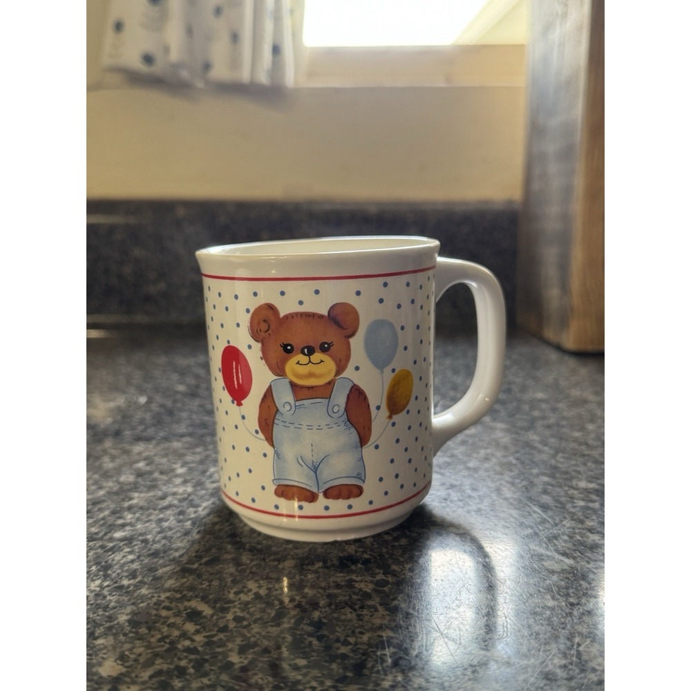 Vintage 90s Polka Dot Teddy Bear With Baloons Mug Coffee Cup Cute Birthday